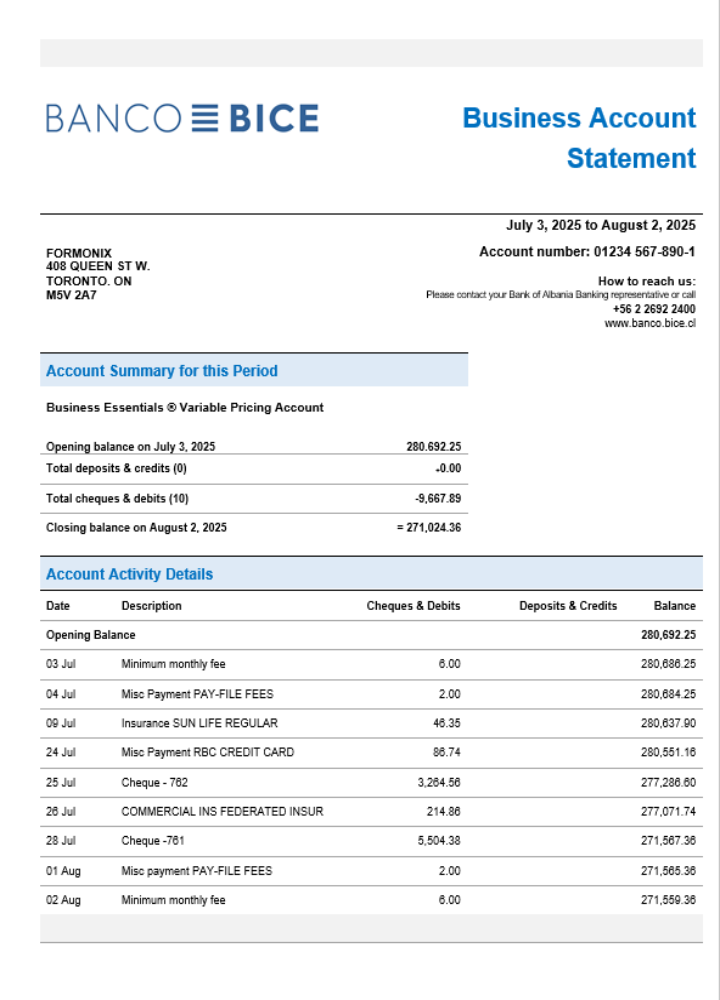 Relevé bancaire du compte d'une entreprise chilienne de la Banco Bice au format Word et PDF